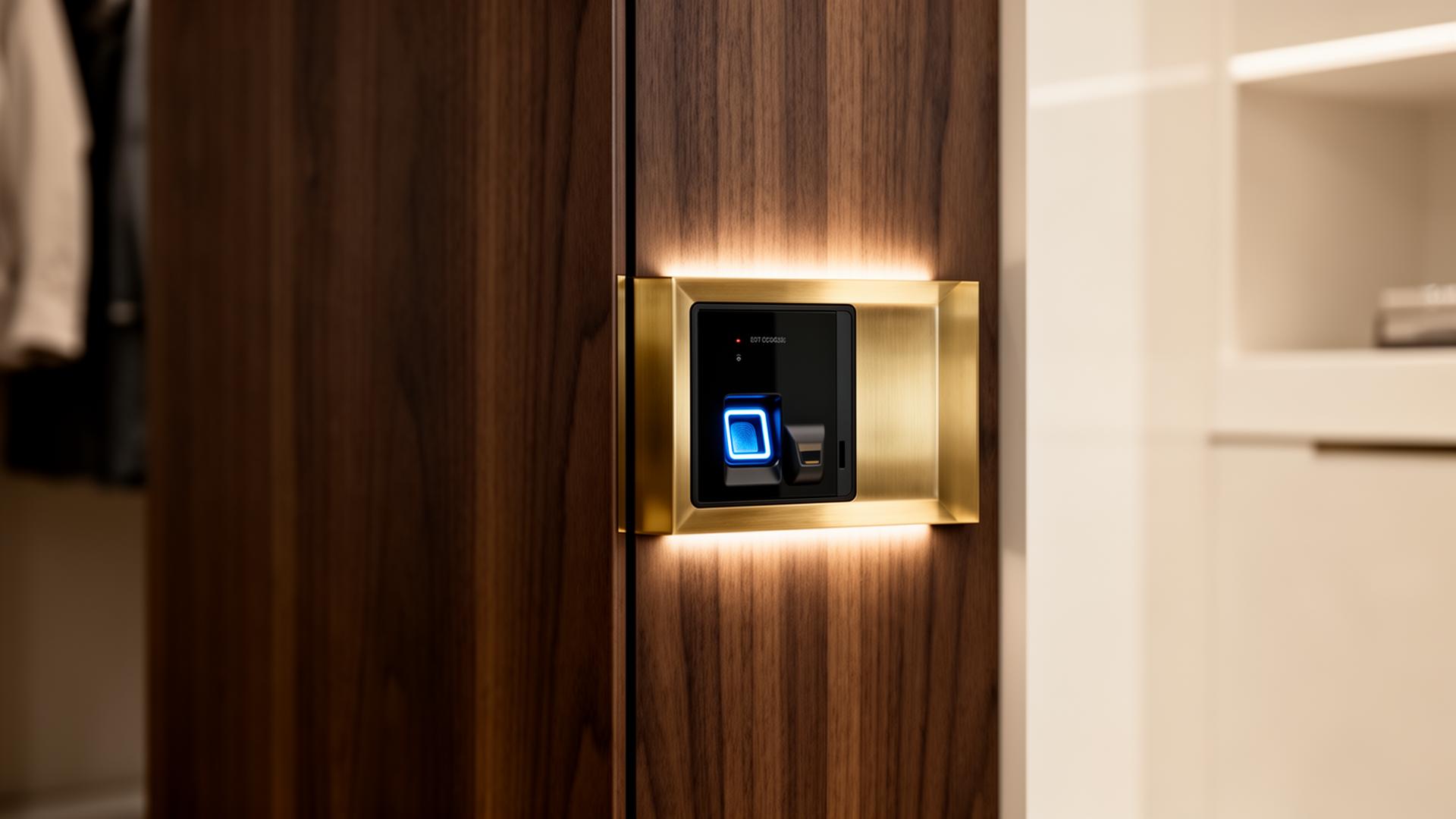 Discreet biometric fingerprint reader integrated into walnut closet door