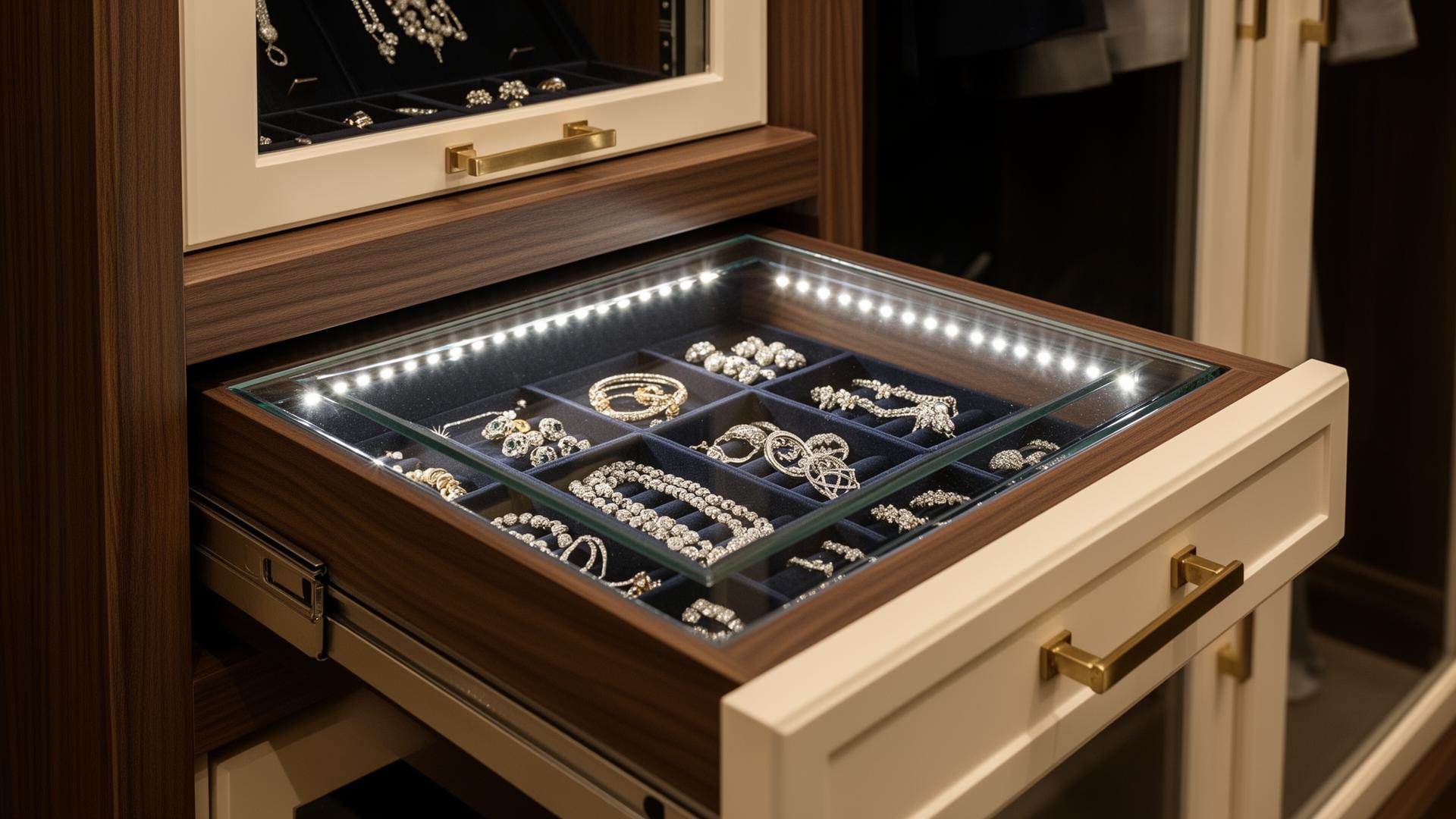 Climate-controlled jewelry vault drawer with glass top and integrated LED lighting