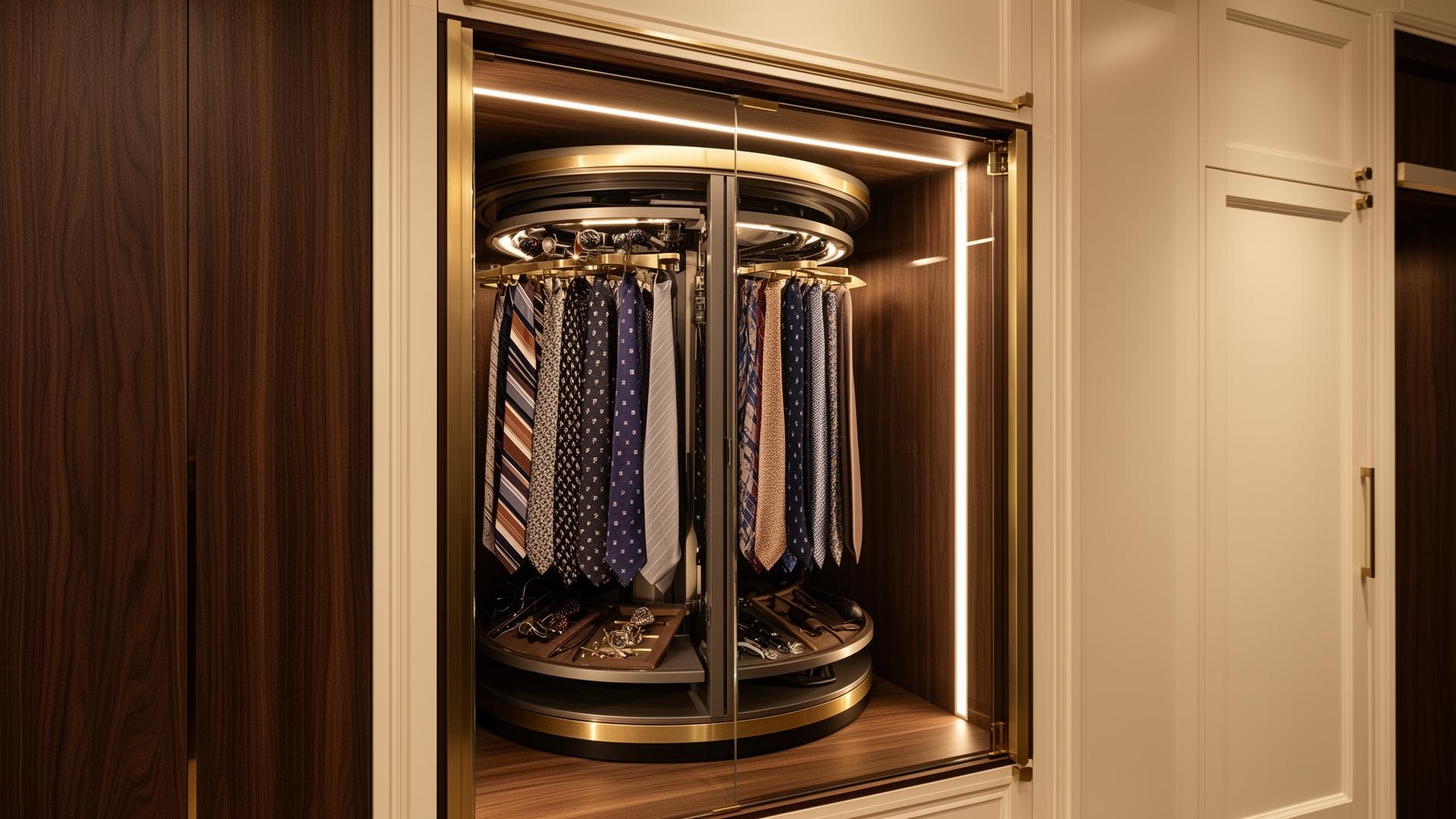 Motorized rotating tie carousel inside a walnut and glass cabinet