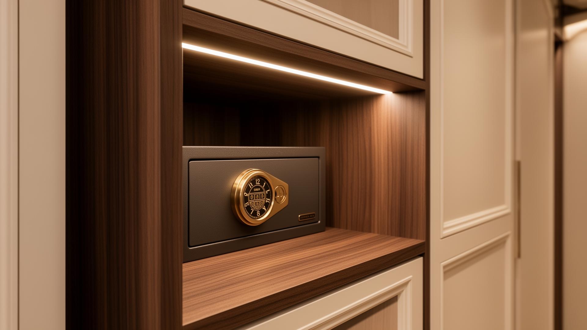 Built-in safe integrated into walnut cabinetry with warm cove lighting