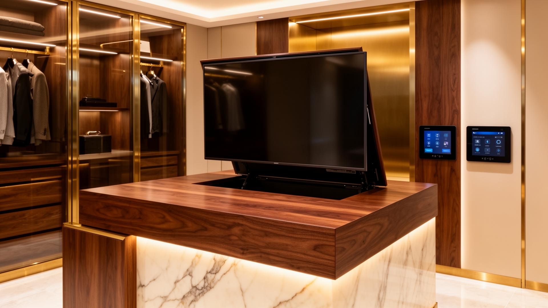 Hidden lift-up flat panel television inside walnut closet island with smart control panel