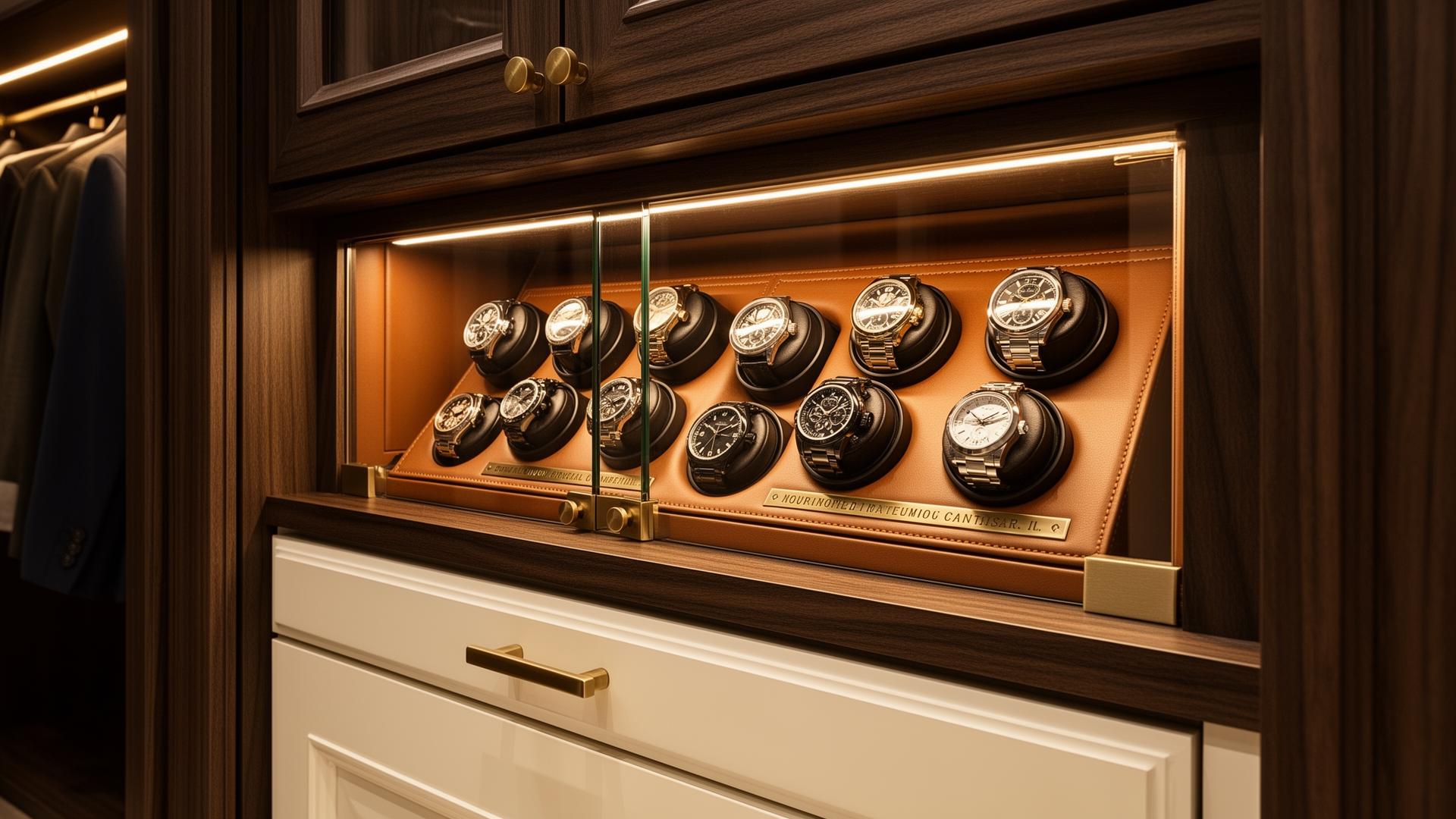 Built-in watch winder cabinet with multiple rotating modules behind glass