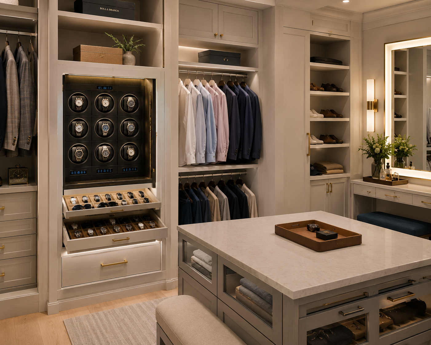 The Watch Collector's Closet — dark walnut dressing room with illuminated watch display cabinet, integrated winders, and a marble-topped island